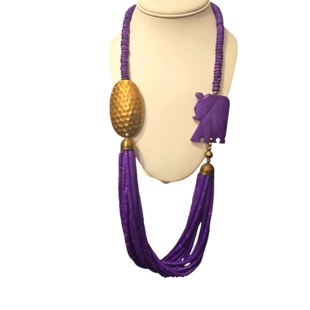 African TRIBAL Purple and Gold Multi-Strand Necklace with Textured Pendant